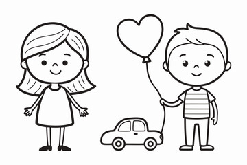 Children with heart balloon and toy car illustration