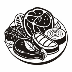 Stylized black and white illustration of a meat platter