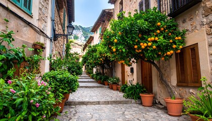 Naklejka premium Narrow alleyway lined with orange trees and flowers