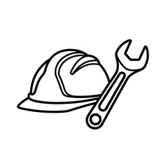 A black and white outline drawing of a hard hat and a wrench, symbolizing construction and labor