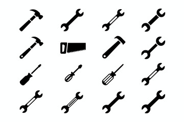 Naklejka premium Collection of silhouetted hand tools including hammers wrenches and screwdrivers isolated on white background
