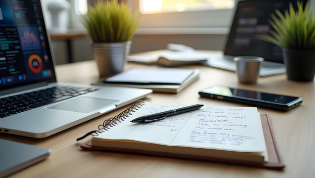 Flat lay of modern business tools: laptop, phone, notebook