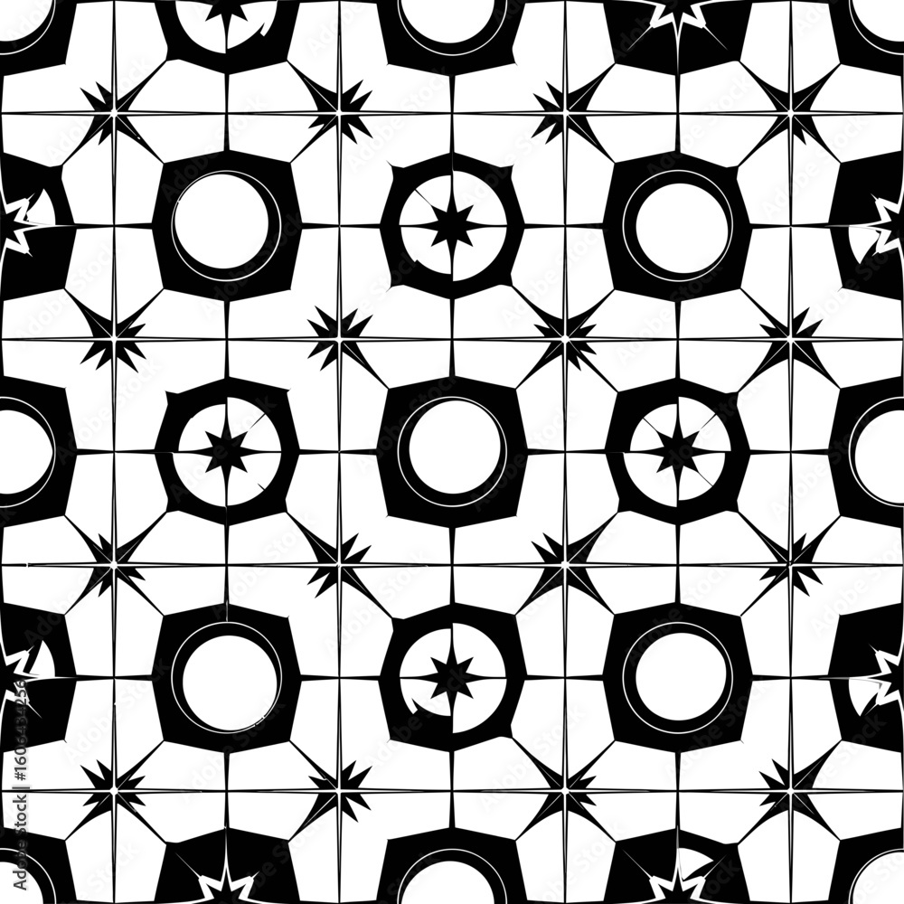 Poster a repeating geometric pattern of black and white squares and circles, creating a decorative tile des