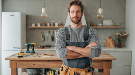 DIY enthusiast with a tool belt standing in kitchen, ready to renovate and upgrade his home interior