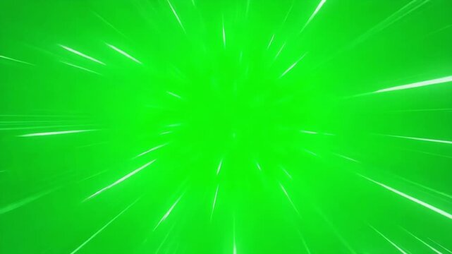 Hyperspace jump effect with white light streaks on bright green screen for fast motion background