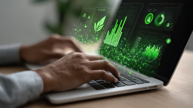Eco-Conscious Technology: A person interacts with a sleek laptop displaying data visualizations related to sustainability and environmental monitoring.