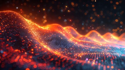 Glowing digital wave, fiery red and blue sparks amid dark, bokeh background