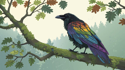 Majestic raven with vibrant rainbow plumage perches on mossy oak branch amidst misty forest backdrop, a symbol of wonder and nature's beauty.