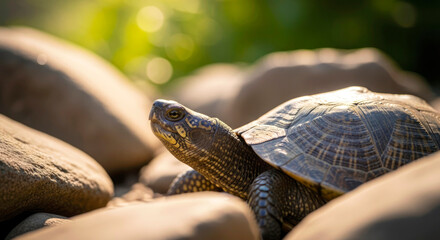 Obraz premium turtle among rocks in golden sunlight