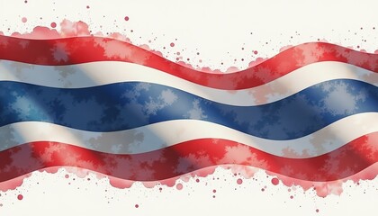 Thai flag banner in wavy motion. Watercolor style illustration. Paintbrush form or spilled paint form on light background. Flag of Thailand. Flag day celebration, patriotism concept