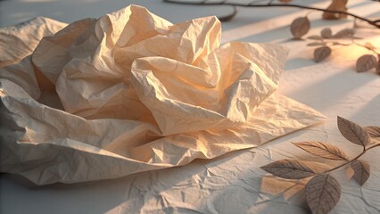 Dried rose petals and brown leaves on a white background, with crumpled paper texture
