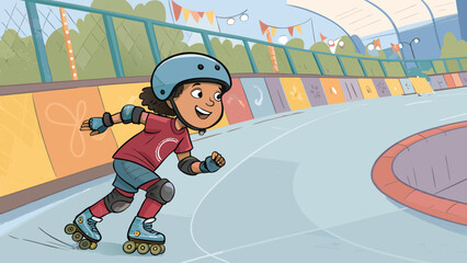 Joyful child confidently roller skating on track, embracing active outdoor fun and healthy lifestyle vector..