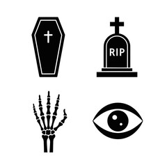 A set of dark halloween symbols featuring a coffin, a tombstone with rip, a skeleton hand, and an eye, all isolated on white