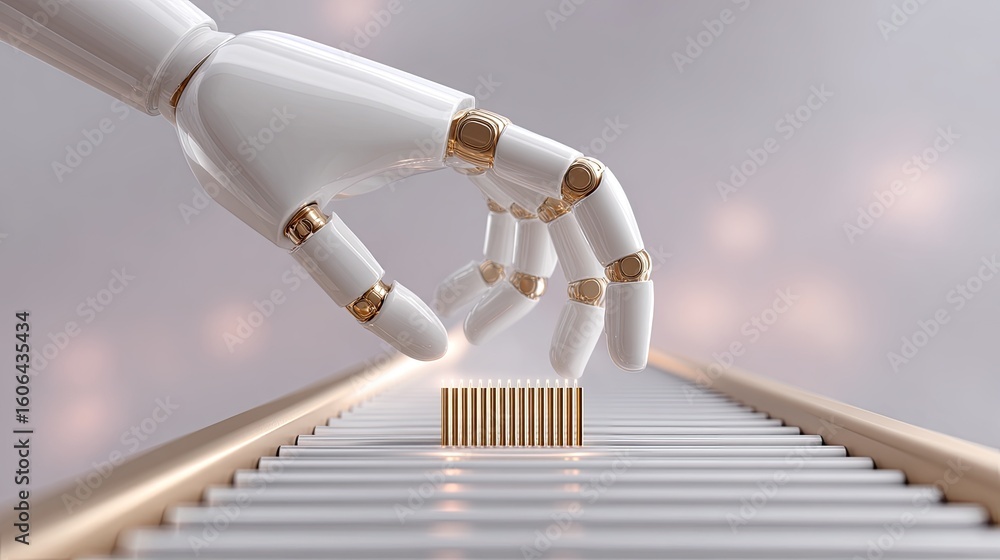 Aufkleber robotic hand placing object on musical keyboard with soft focus background and warm lighting effects