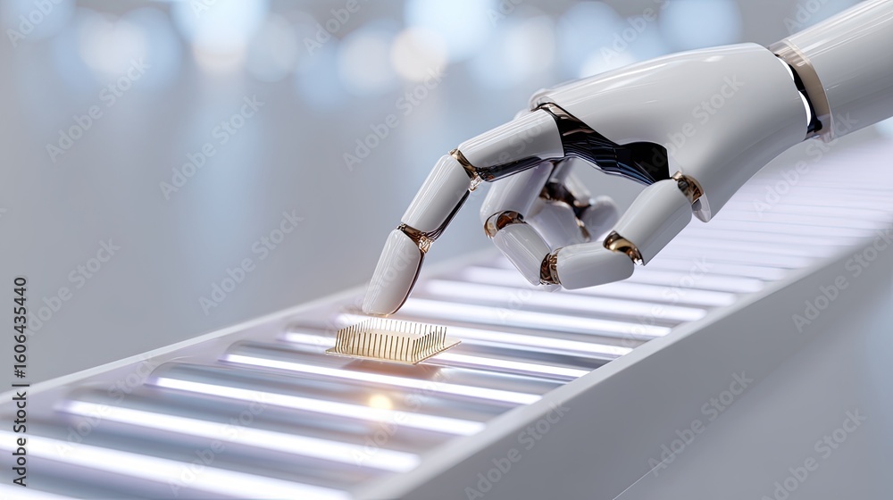 Poster robotic hand interacting with circuit board in futuristic technology environment