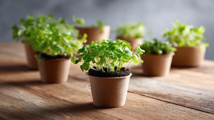 Fresh Green Seedlings Growing in Eco-Friendly Pots on Wooden Table with Soft Natural Light