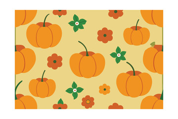 Seamless pattern orange pumpkins stylized flowers on yellow vector