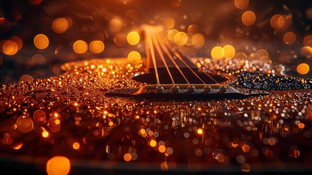 Acoustic guitar body covered in water droplets. Golden bokeh lights surround. Deep tones - Powered by Adobe