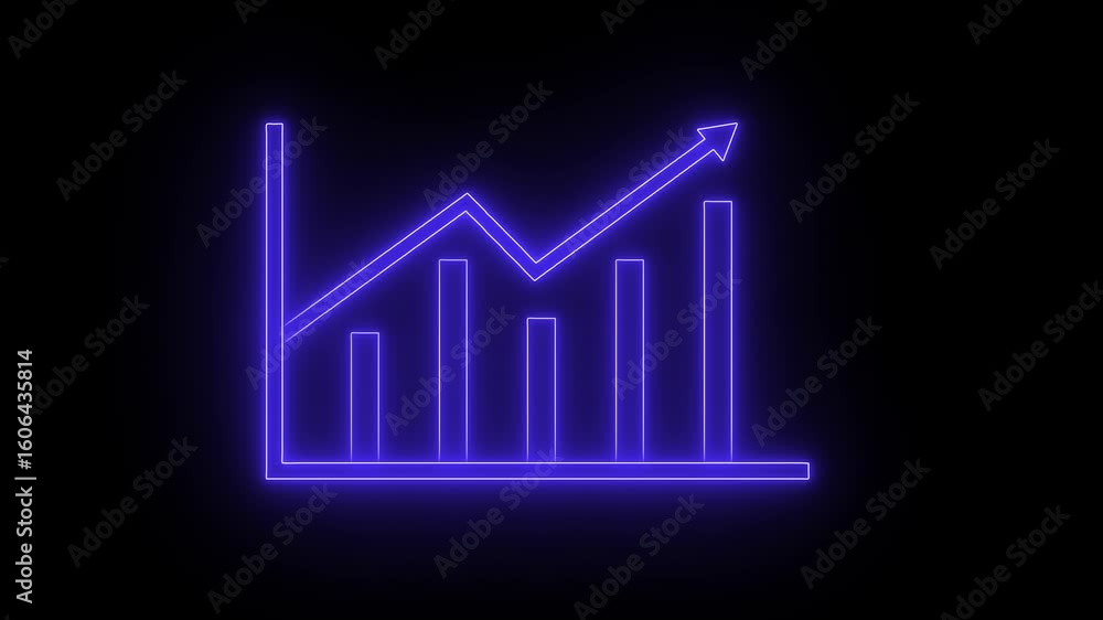 Poster abstract neon blue geometric shape resembling a bar graph with a pointer on a black background