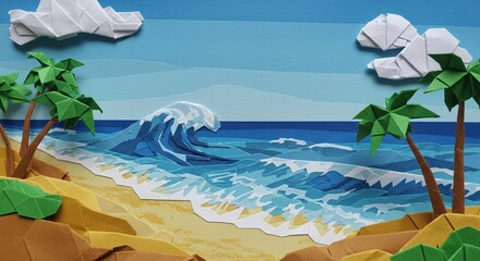 Landscape illustration of tropical beach with paalms and waves in cut out and folded paper style. Vacations and traveling concept. Creative image for summer holidays and traveling with copy space