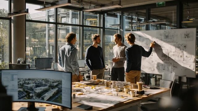 Architecture Brainstorm Session: A group of architects collaborates intensely around a table, examining plans and models in a sunlit office. Capturing collaborative spirit. 