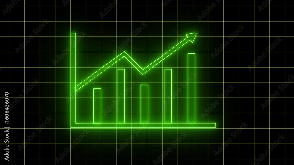 Aufkleber neon green bar graph with a downward trend displayed on a black grid background representing financi