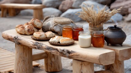 Rustic table displays jars of honey, artisanal breads, and natural ingredients, creating an organic atmosphere for eco-friendly cosmetics