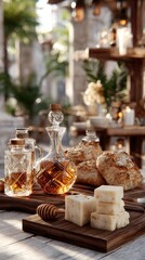 Naklejka premium Rustic table displays jars of honey, artisanal breads, and natural ingredients, creating an organic atmosphere for eco-friendly cosmetics