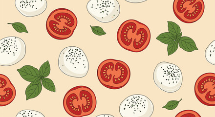 A delightful and fresh italian food pattern featuring mozzarella tomatoes and basil leaves for culinary inspiration and gastronomic appreciation