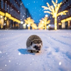 Obraz premium A hedgehog on a snowy city street at night.