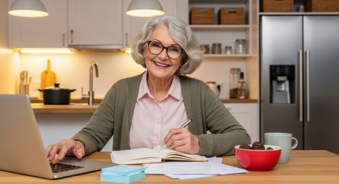 A smiling senior woman with glasses working on a laptop and writing in a notebook in her kitchen - Powered by Adobe