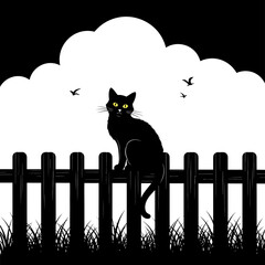 A black cat sits perched on a wooden fence under a cloudy night sky with two birds flying
