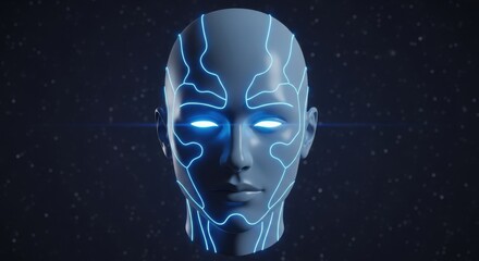 Stunning futuristic AI face with glowing blue circuits and bright eyes against starry dark background