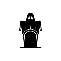 A haunting ghost silhouette stands before a tombstone, perfect for halloween themes