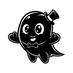 A cute cartoon ghost wearing a top hat and bow tie, floating with its arms outstretched