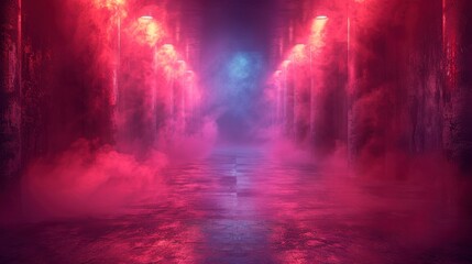 Obraz premium Smoky alleyway. Symmetrical pillars glow red. Mist fills space, a blue light shines at end