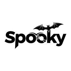 The word spooky with a bat flying over it, isolated on a white background