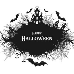 A spooky haunted house scene with bats and cobwebs, celebrating happy halloween