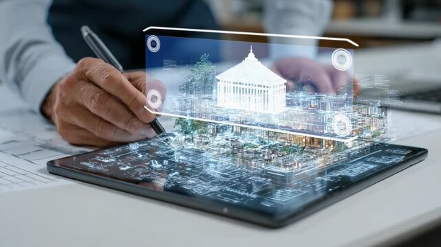 Modern Architecture with Touchscreen: A digital model of a modern building materializes on a touchscreen, with an architectural hand reviewing, representing the forefront of futuristic design.