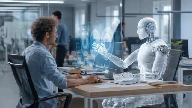 Collaborative Innovation: A modern office setting depicts a collaborative meeting between a human and a futuristic robot, embodying innovation and the future of work.