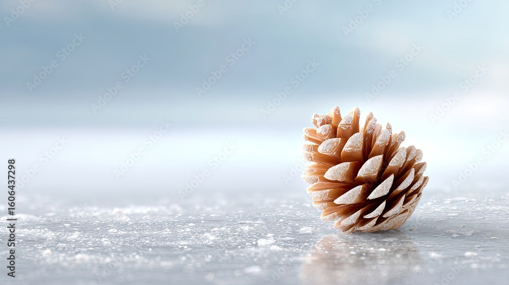 Aufkleber realistic pine cone on a frosty surface with soft blurred background representing winter and nature'