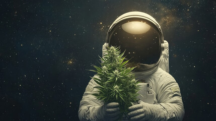 Astronaut holding Cannabis Plant in cosmic outer space with galaxy stars, copy space. Marijuana Astronaut illustration