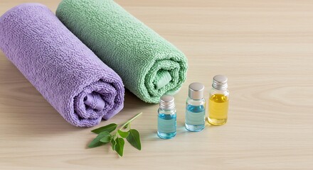 Natural aromatherapy setup with colorful liquids, soft towels, and a fresh herb on a wooden table.

