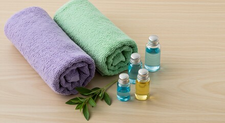 Wellness flat lay: neatly rolled towels and small bottles with botanical elements on wood.

