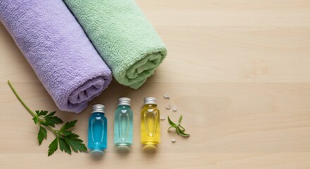 Relaxing bath and body products, including plush towels and fragrant oils, presented on wood.

