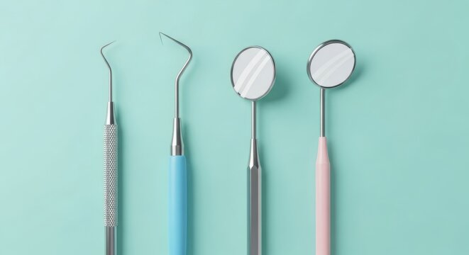 A set of dental examination tools, including mirrors and probes, arranged on a teal background