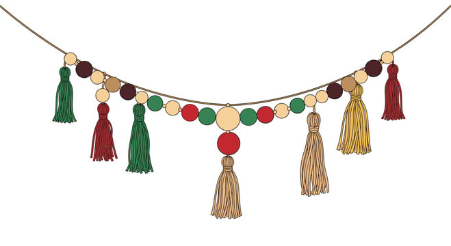 Decorative festive garland with colorful pom poms and tassels for celebrations and events