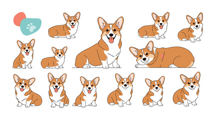 Naklejka premium Cute pembroke welsh corgi pups displayed in various adorable poses and expressions for pet lovers collection