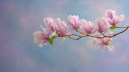 Fototapeta premium Delicate Pink Magnolia Blossom Branch against a Soft Blue and Purple Background in an Artistic Floral Arrangement