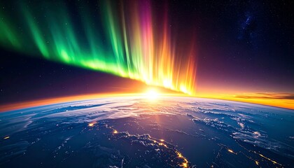 Aurora Borealis over Earth from Space.